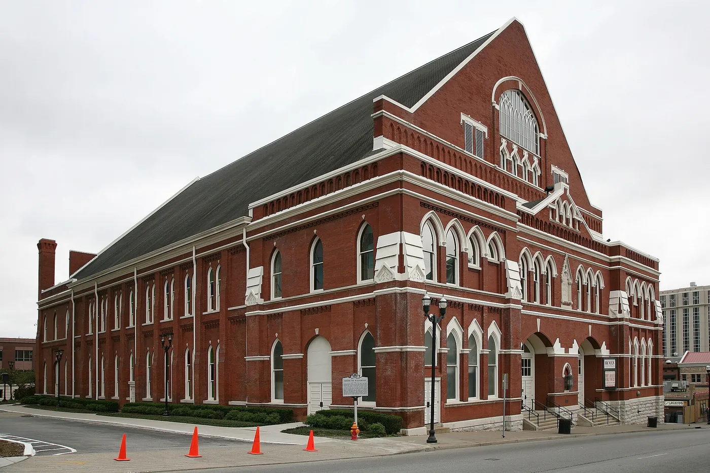 Red-brick facade of the Ryman Auditorium in downtown Nashville
